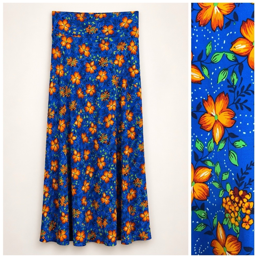 LuLaRoe Cottagecore Maxi Skirt XL Blue Orange Floral Fold Over Waist Tropical
